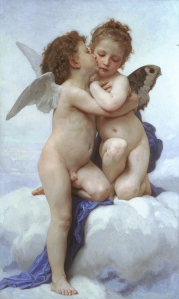 Peinture à l'huile,71x119.5cm de William Bouguereau réalisée en 1890, collection privée. Représentation du mythe d'Amour et Psyché enfants. Le baiser.